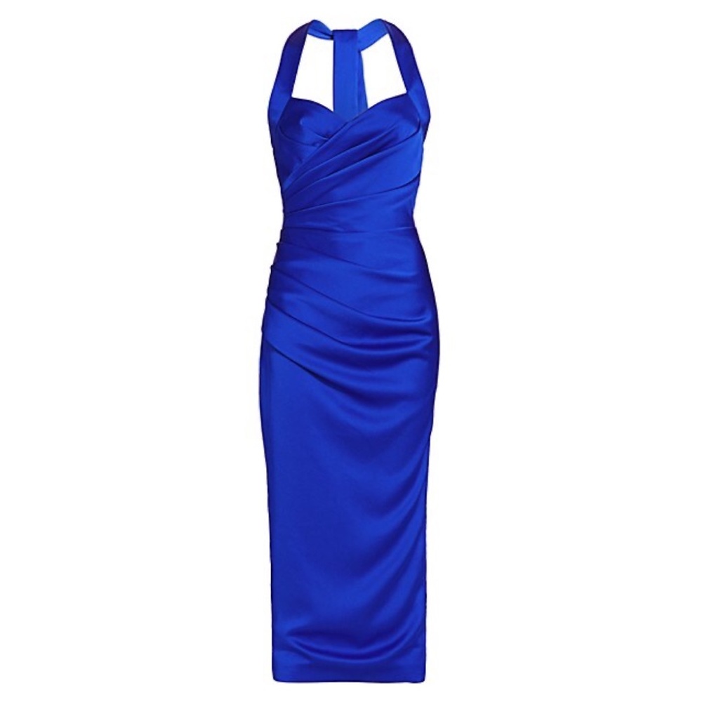 Rasario Draped Cobalt Blue Satin Halter Dress Medium